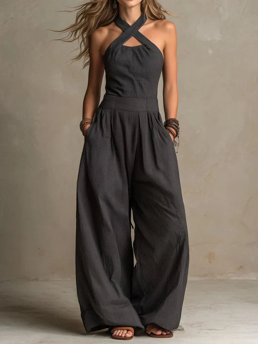 Bianca | Jumpsuit i linne och bomull med en elegant korsad urringning