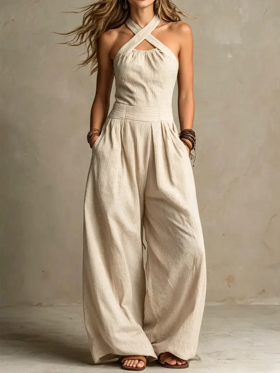 Bianca | Jumpsuit i linne och bomull med en elegant korsad urringning