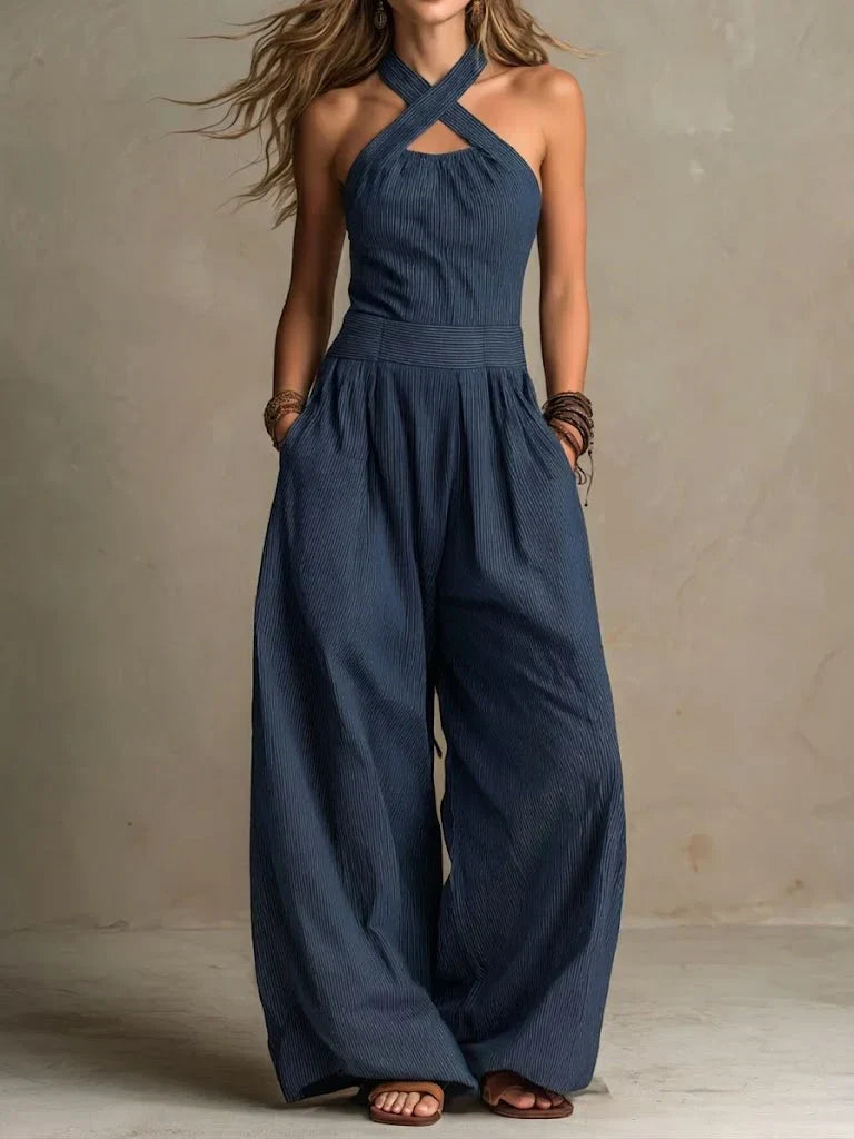 Bianca | Jumpsuit i linne och bomull med en elegant korsad urringning